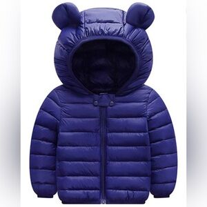 Blue Puffer Winter Jacket with Bear Ears Hood. Boys Girls Solid Dark Blue 2T